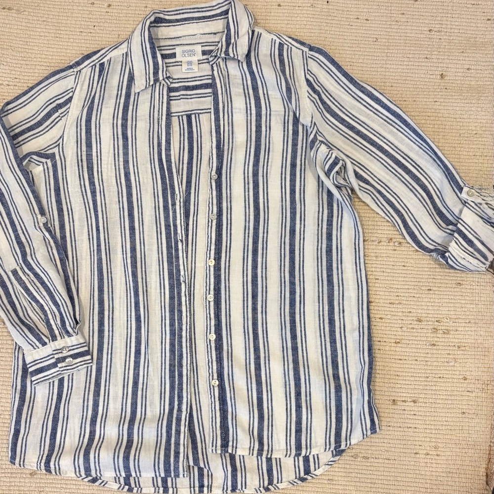 Sigrid Olsen Blue and White Striped Button-Down Shirt